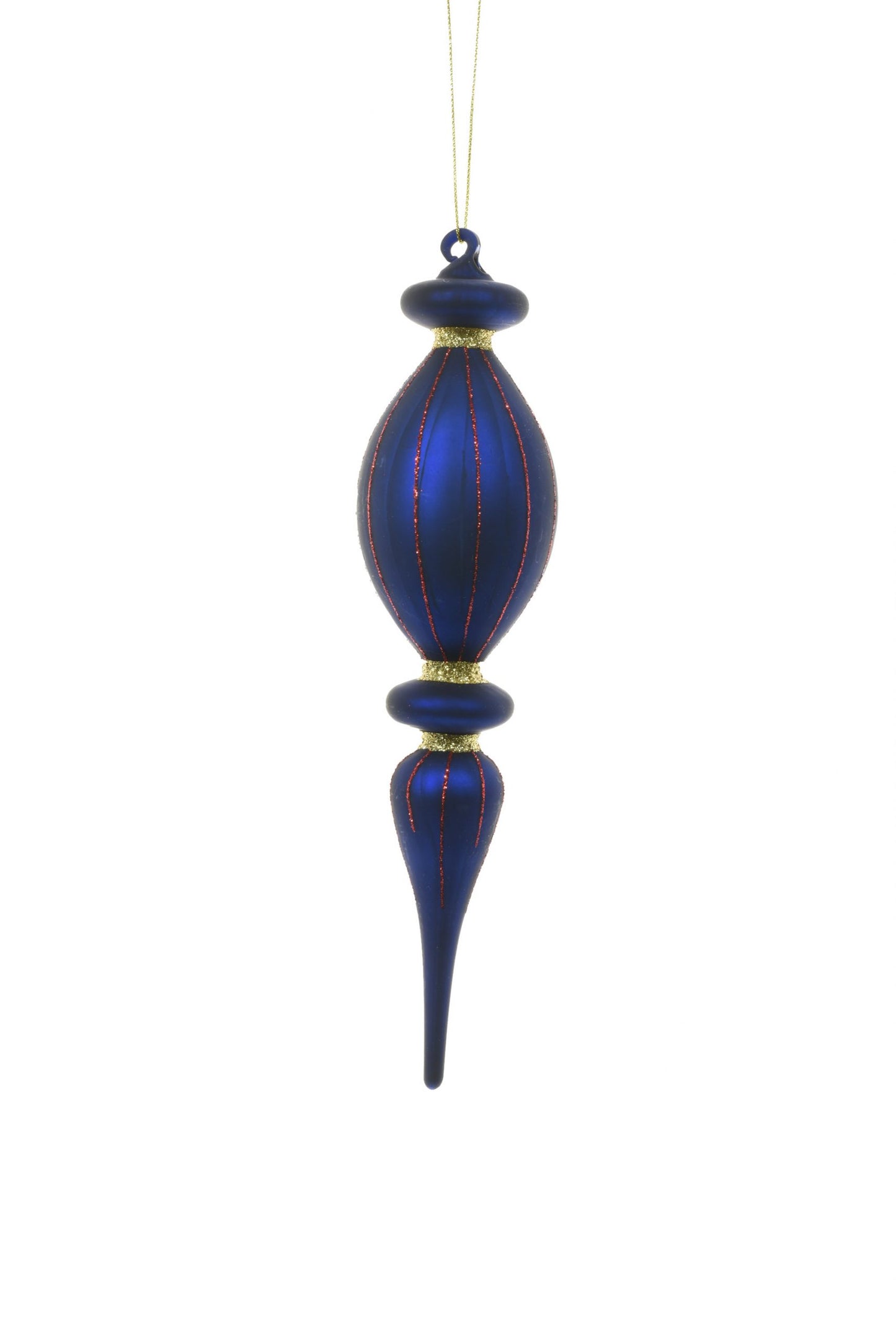 8.5" Royal Blue Glass Finial Ornament W/Red & Gold Glitter