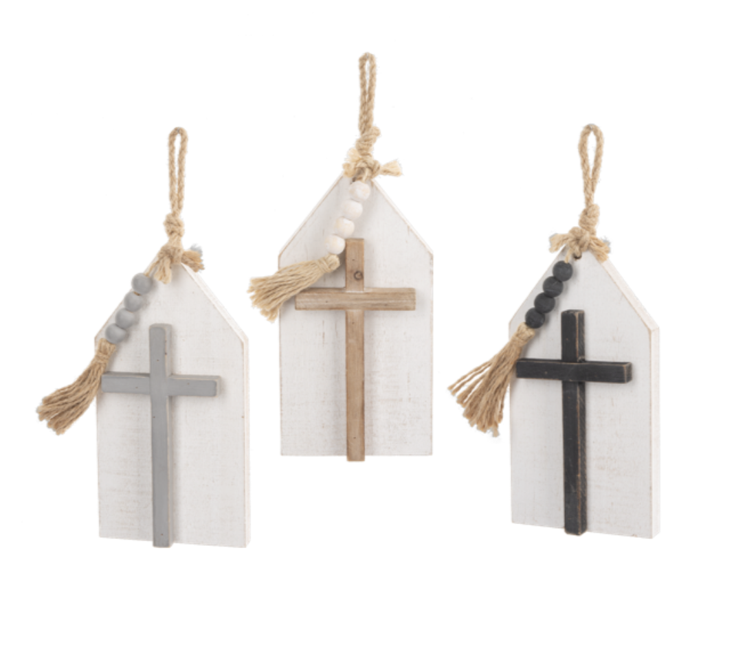 Layered Cross on House Wall Decor with Beaded Tassel
