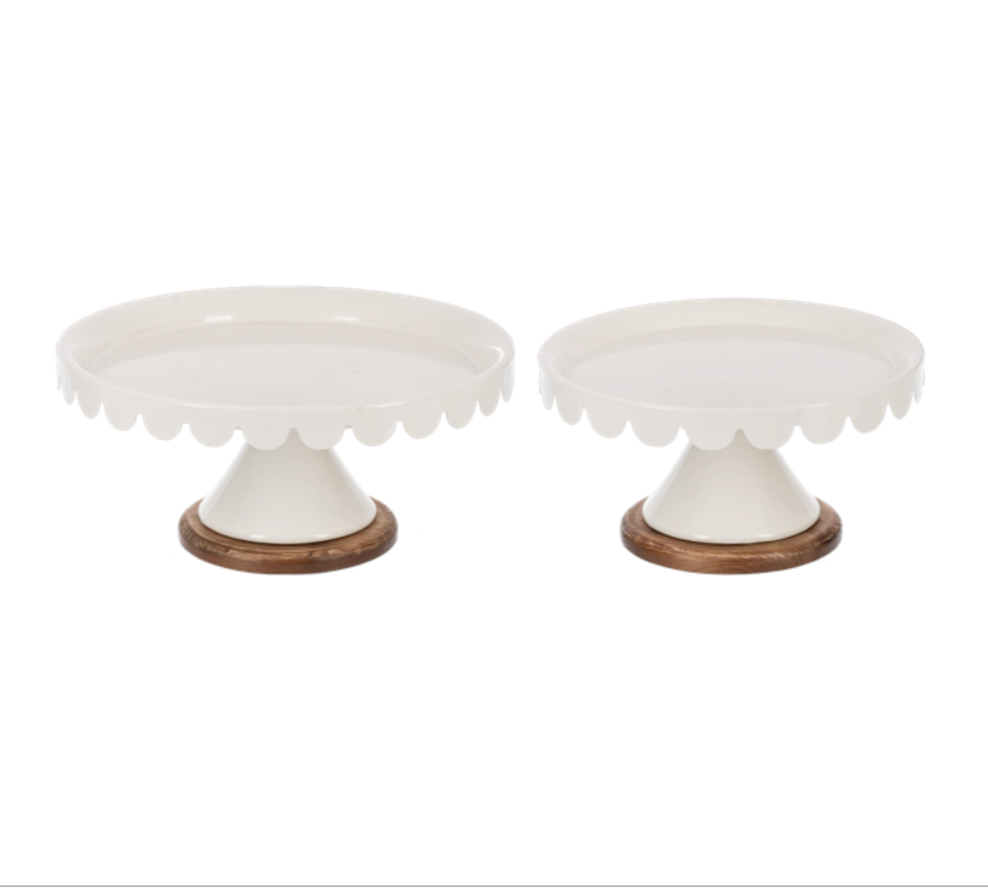 White Scallop Pedestal Stand W/Wood Base