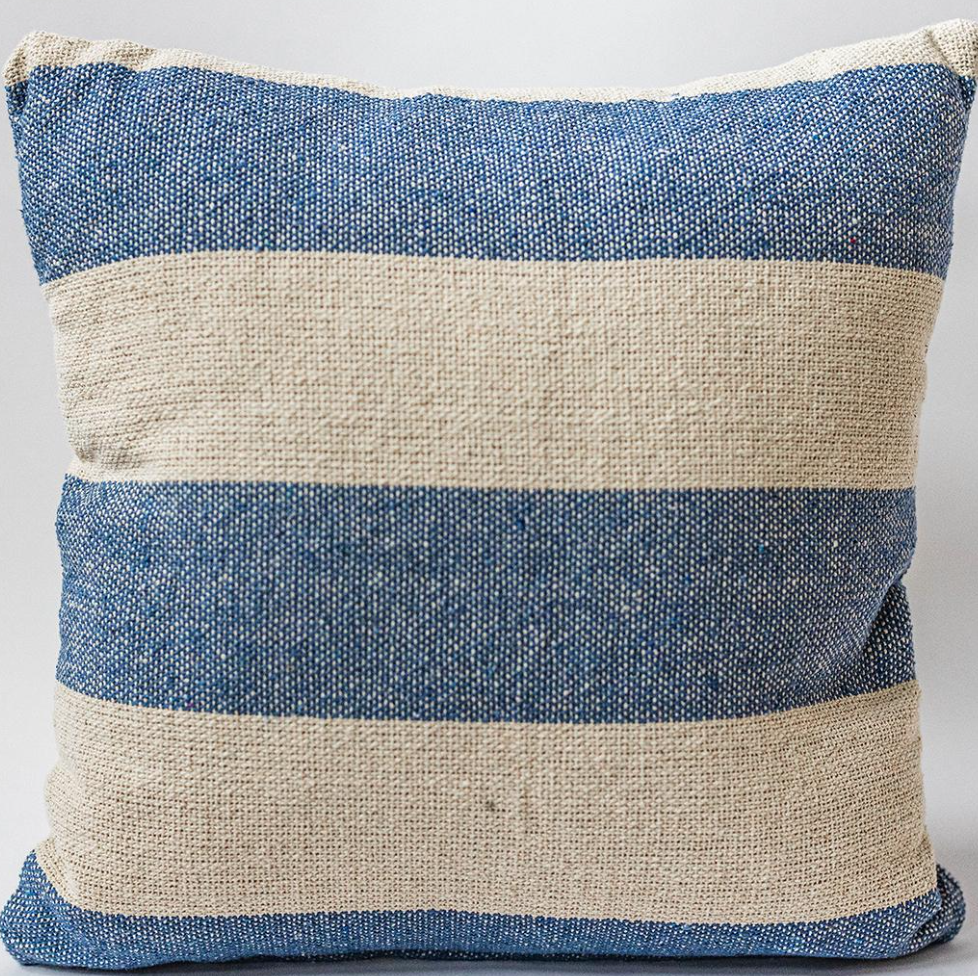 Blue & Natural Striped Pillow