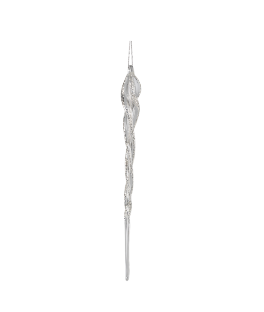 Twisted Glass Icicle W/Silver Plated Glitter