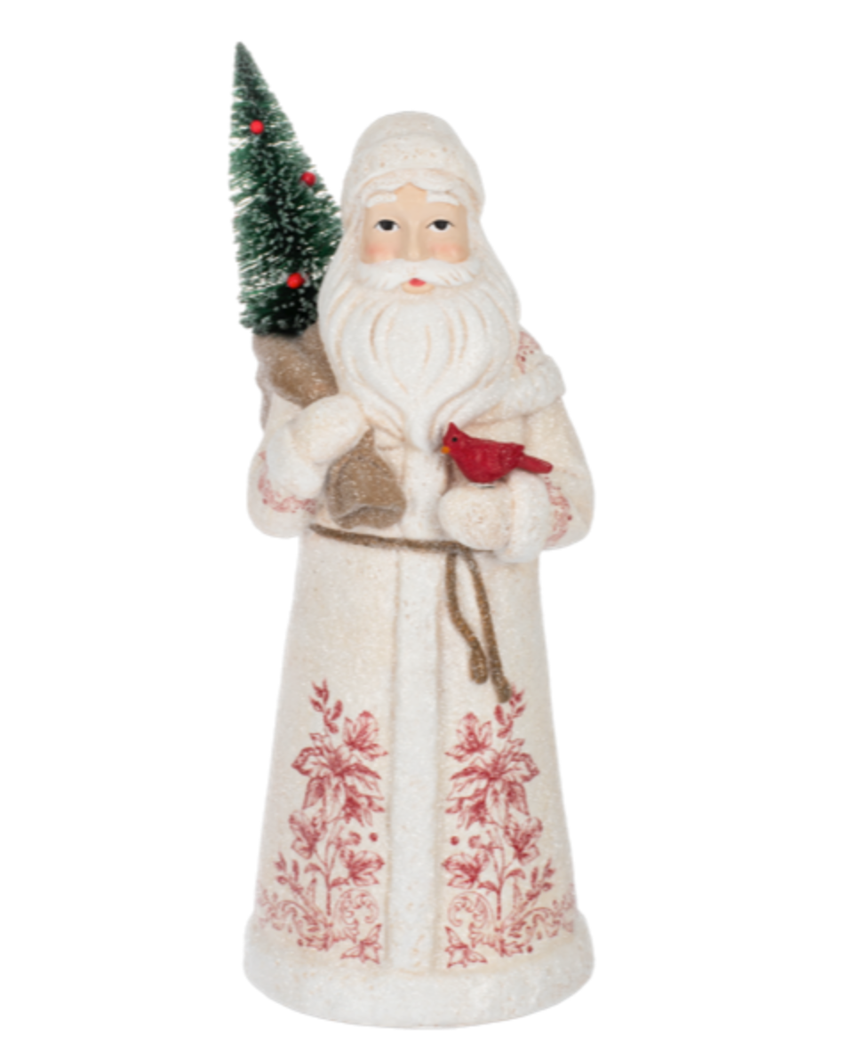 White Santa W/Tree & Cardinal Figurine