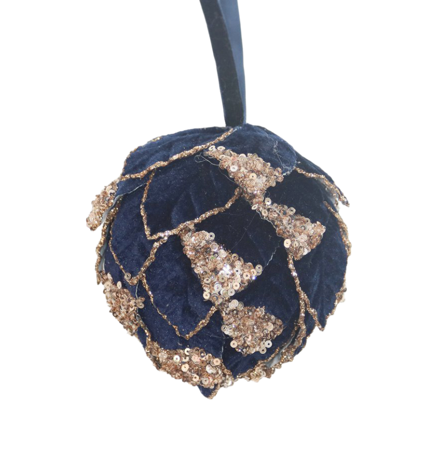 Navy W/Bead & Glitter Leaf Ball