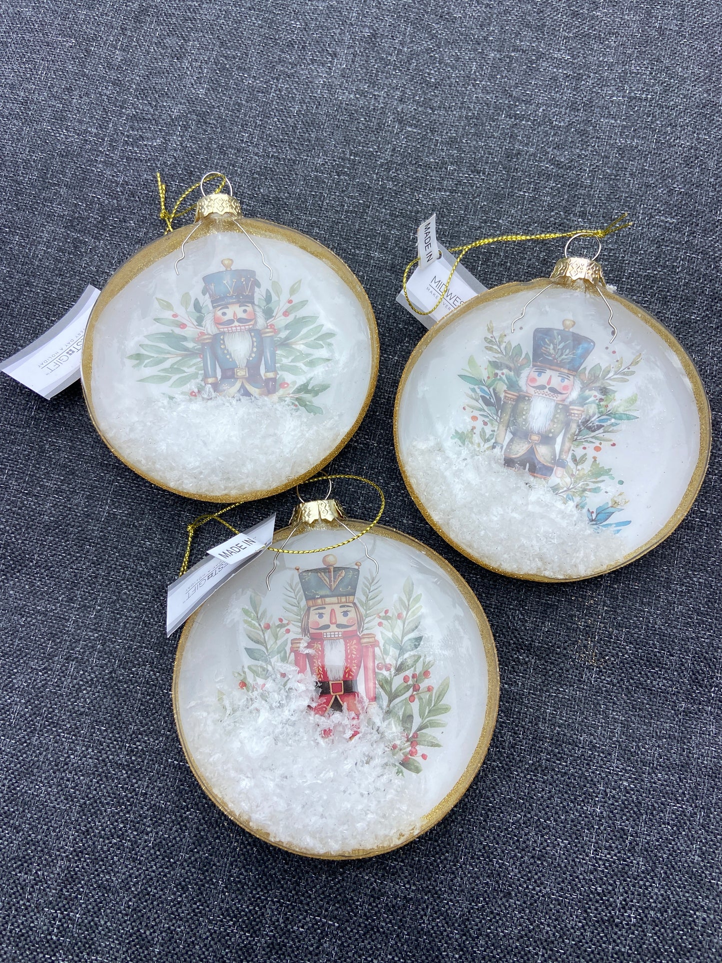 Nutcracker Glass Circular Ornament W/Snow ASST