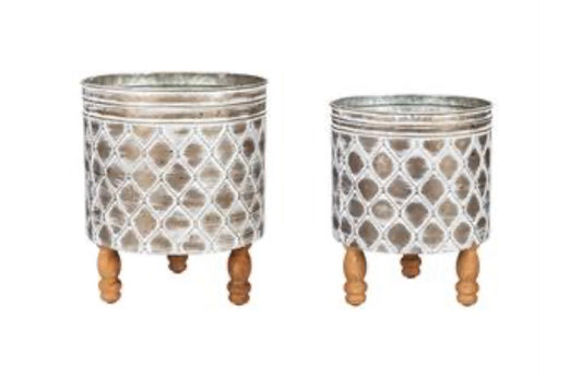 Embossed Metal Planter W/Wooden Legs