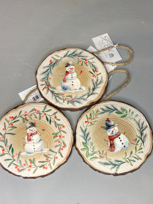 Snowman Wood Slice Ornament ASST
