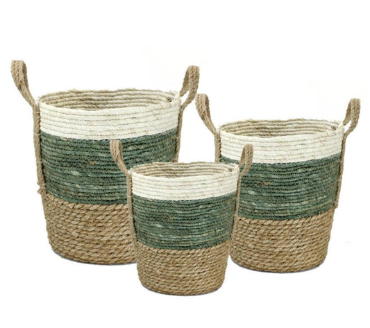 Green Striped Basket W/ Handles