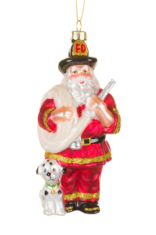 Glass Fireman Santa Ornament