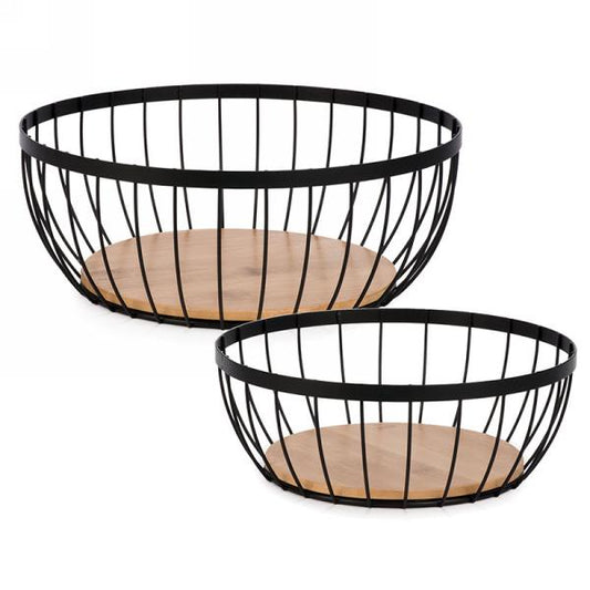 Round Metal & Wood Basket - Set/2