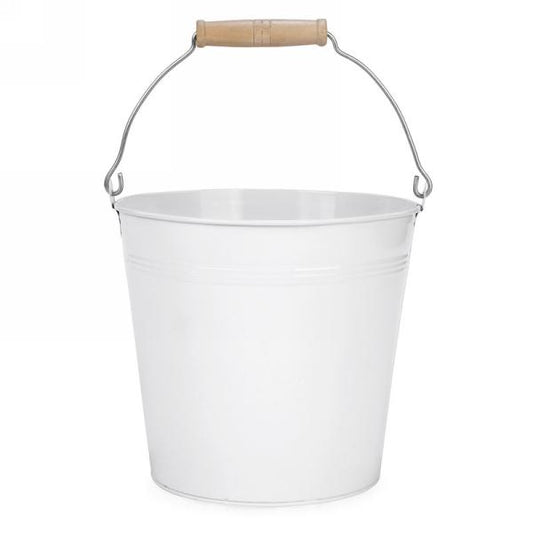 White Metal Round Bucket W/Wood Handle