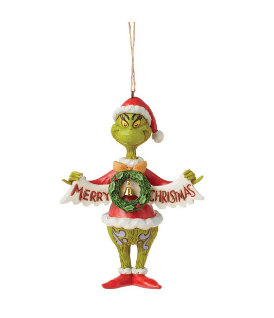 Grinch Holding Merry Christmas Sign Ornament - Jim Shore