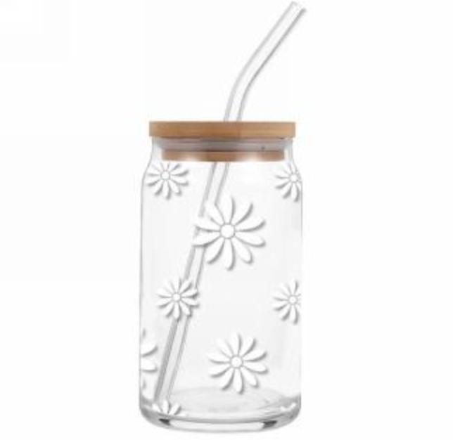 White Daisy Glass W/Lid