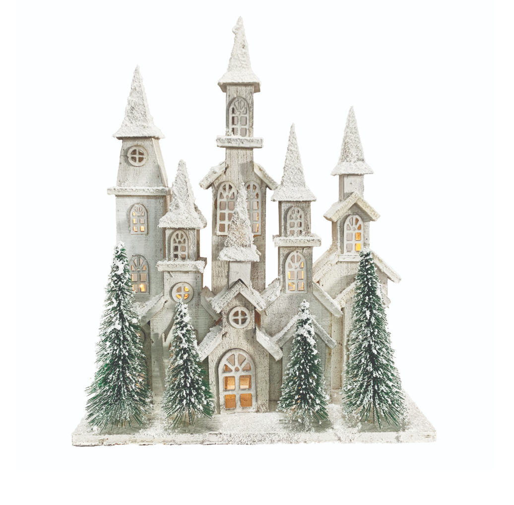 Wooden White Church Scene W/LED