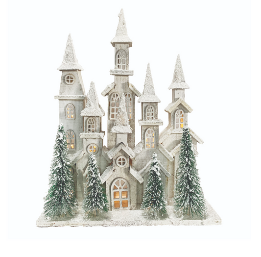 Wooden White Church Scene W/LED