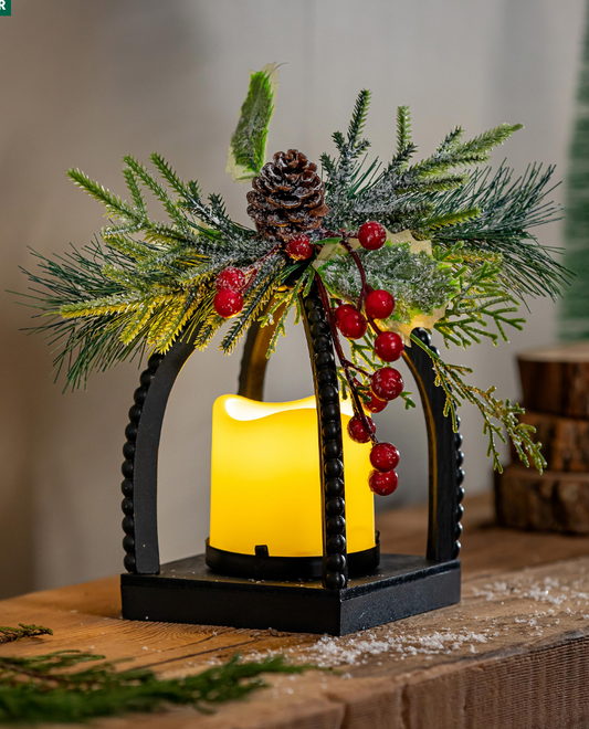 Arch Lantern W/LED Candle & Faux Greenery 10"H