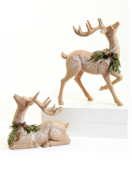 Wood Look Reindeer W/Greenery Set/2