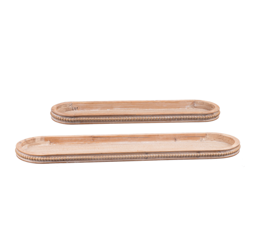 Whitewash Carved Beaded Edge Oval Tray