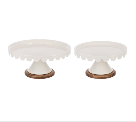 White Scallop Pedestal Stand W/Wood Base