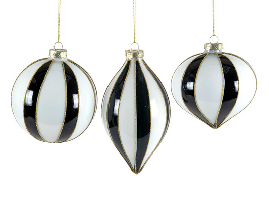 Black & White Striped Ornament W/Gold Accent ASST