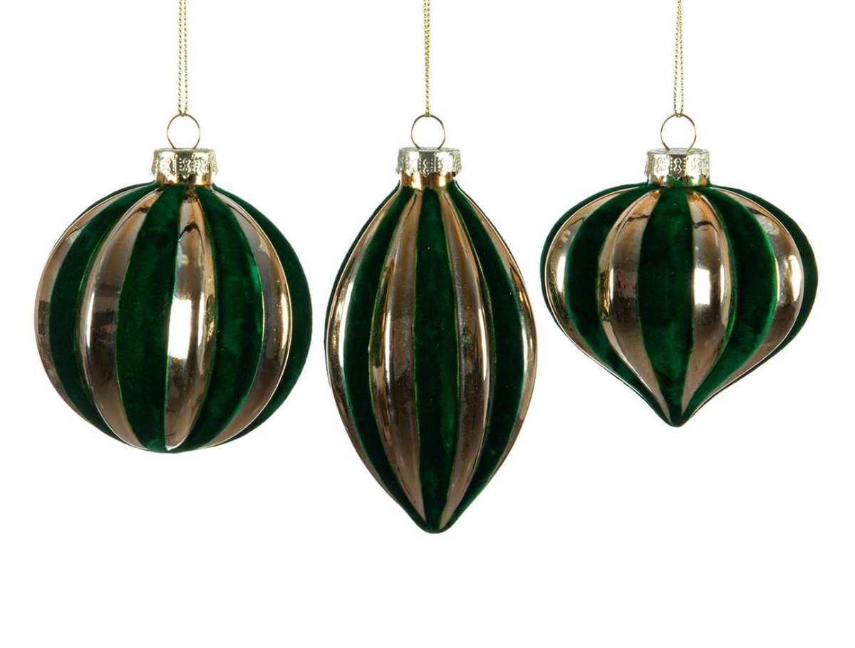 Gold & Green Velvet Striped Ornament ASST
